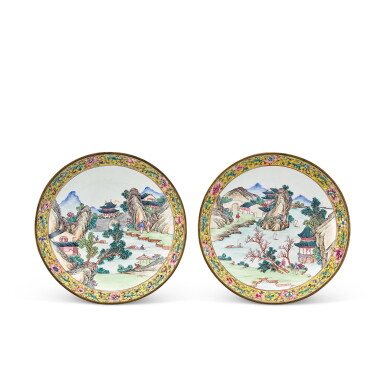 View full screen - View 1 of Lot 407. A pair of painted canton enamel dishes Qing dynasty, Qianlong period | 清乾隆 廣東銅胎畫琺瑯漁翁圖盤一對.