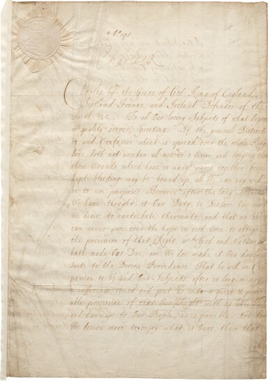 View full screen - View 1 of Lot 19. King Charles II | "The Declaration of Breda", signed by the King, 4 April 1660.