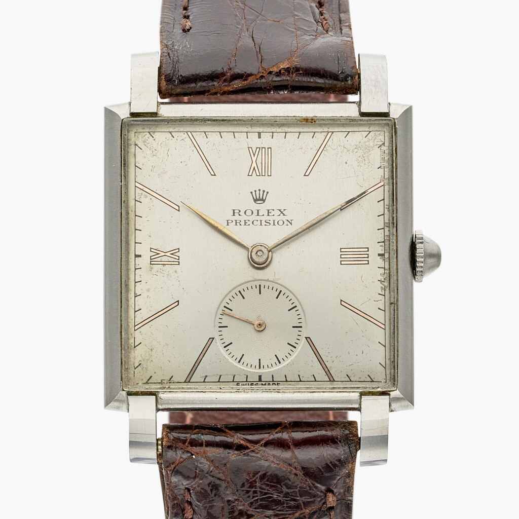 View full screen - View 1 of Lot 554. Reference 4572 Precision | A stainless steel rectangular wristwatch, Circa 1946.