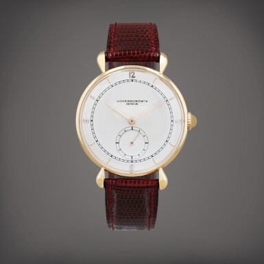 View full screen - View 1 of Lot 486. Montre bracelet en or rose avec cornes gouttes | Pink gold wristwatch with tear drop lugs Vers 1950 | Circa 1950.