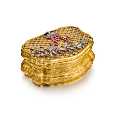 View full screen - View 1 of Lot 1060. A jewelled Royal gold presentation snuff box, Weishaupt & Söhne, Hanau, circa 1875/1880.