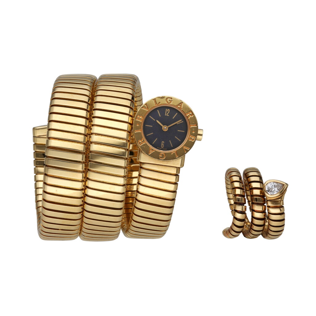 View full screen - View 1 of Lot 349. Reference BB 19 IT Tubogas | A yellow gold cuff watch with diamond ring, Circa 2000.