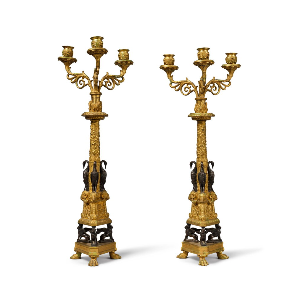 View full screen - View 1 of Lot 266. A Pair of Italian Neoclassical Gilt and Patinated Bronze Three-Light Candelabra, Attributed to Giuseppe Boschi, Rome, Circa 1800.