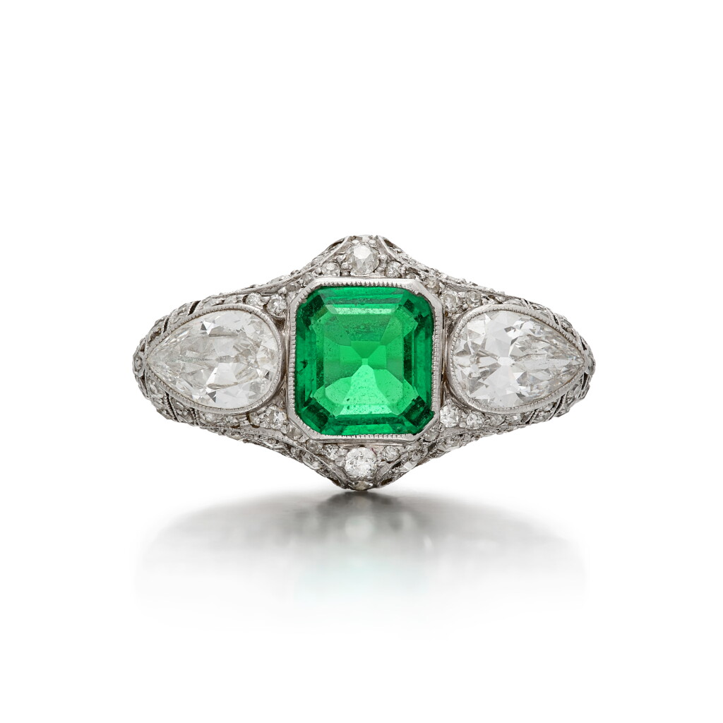 View full screen - View 1 of Lot 474. Emerald and Diamond Ring.