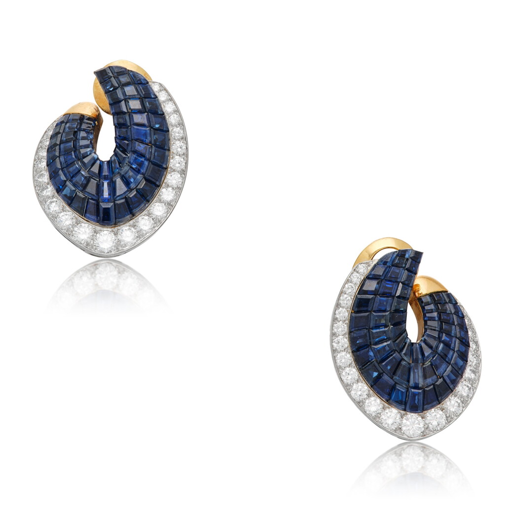 View full screen - View 1 of Lot 233. Pair of 'Mystery-Set' Sapphire and Diamond Earclips, France.
