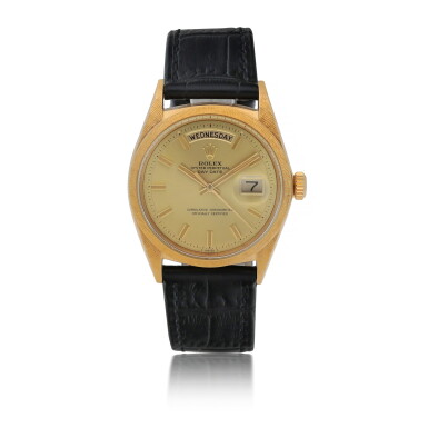 View full screen - View 1 of Lot 260. ROLEX | DAY-DATE 'WIDE BOY', REF 1806 YELLOW GOLD WRISTWATCH WITH DAY, DATE AND FLORENTINE CASE FINISH CIRCA 1966.