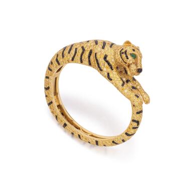 View full screen - View 1 of Lot 639. Important emerald, onyx and diamond bangle, 'Tiger'.