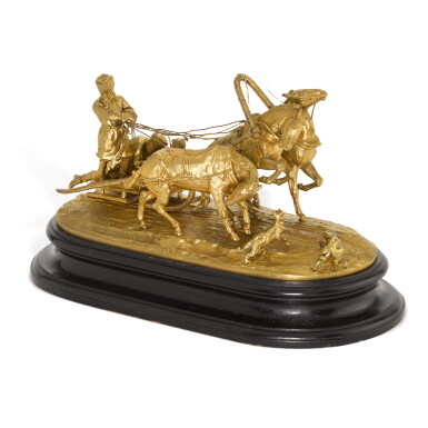 View full screen - View 1 of Lot 151. Wolf Attack on a Winter Troika: a gilt-bronze figural sculpture, Lanceray, cast by Chopin foundry, St Petersburg, 1873.