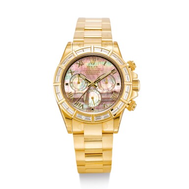 View full screen - View 1 of Lot 2238. ROLEX | COSMOGRAPH DAYTONA, REFERENCE 116568H A YELLOW GOLD DIAMOND-SET CHRONOGRAPH WRISTWATCH WITH MOTHER-OF-PEARL DIAL AND BRACELET, CIRCA 2009 " | 勞力士 | Cosmograph Daytona 型號116568H 黃金鑲鑽石計時鏈帶腕錶,備珠母貝錶盤,錶殼編號V487492,約2009年製".