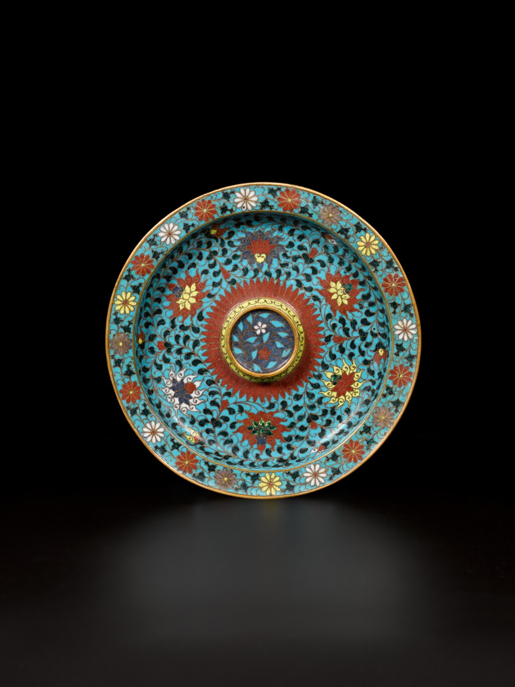 View full screen - View 1 of Lot 65. A cloisonné enamel 'lotus and chrysanthemum' cup stand, Ming dynasty, 15th / 16th century.