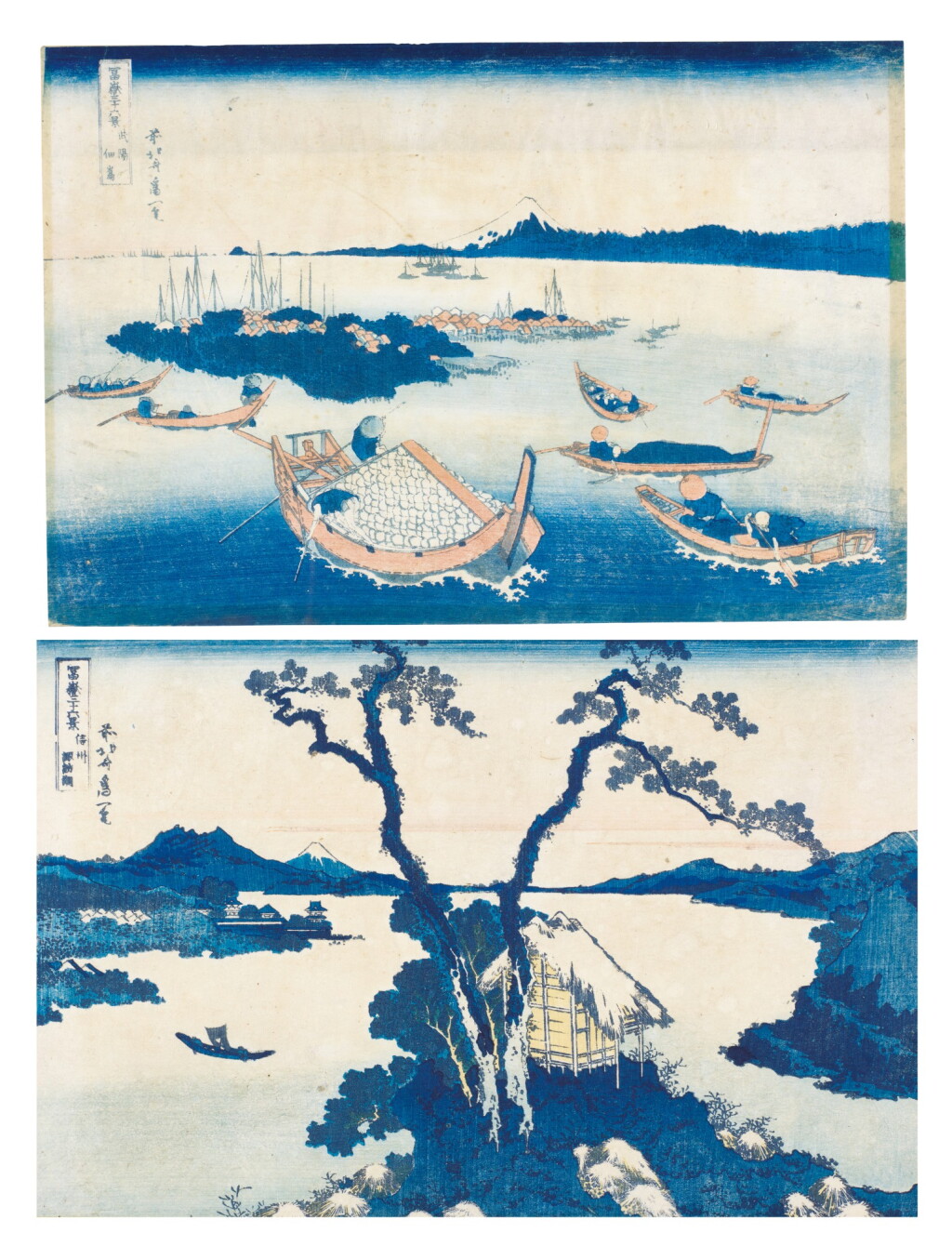 View full screen - View 1 of Lot 35. KATSUSHIKA HOKUSAI (1760–1849), TWO PRINTS: TSUKUDAJIMA IN MUSASHI PROVINCE (BUYÔ TSUKUDA-JIMA) AND LAKE SUWA IN SHINANO PROVINCE (SHINSHÛ SUWA-KO) | EDO PERIOD, 19TH CENTURY.