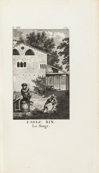 View full screen - View 1 of Lot 11. Fables... Paris, an IV. 6 vol. in-18. Reliure de Meslant. Edition illustrée d'un frontispice et de 274 pl..