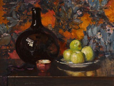 View full screen - View 1 of Lot 23. Still Life of a Black Bottle and Apples.