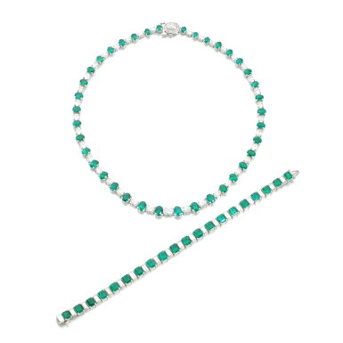 View full screen - View 1 of Lot 728. Emerald and diamond necklace and a bracelet.