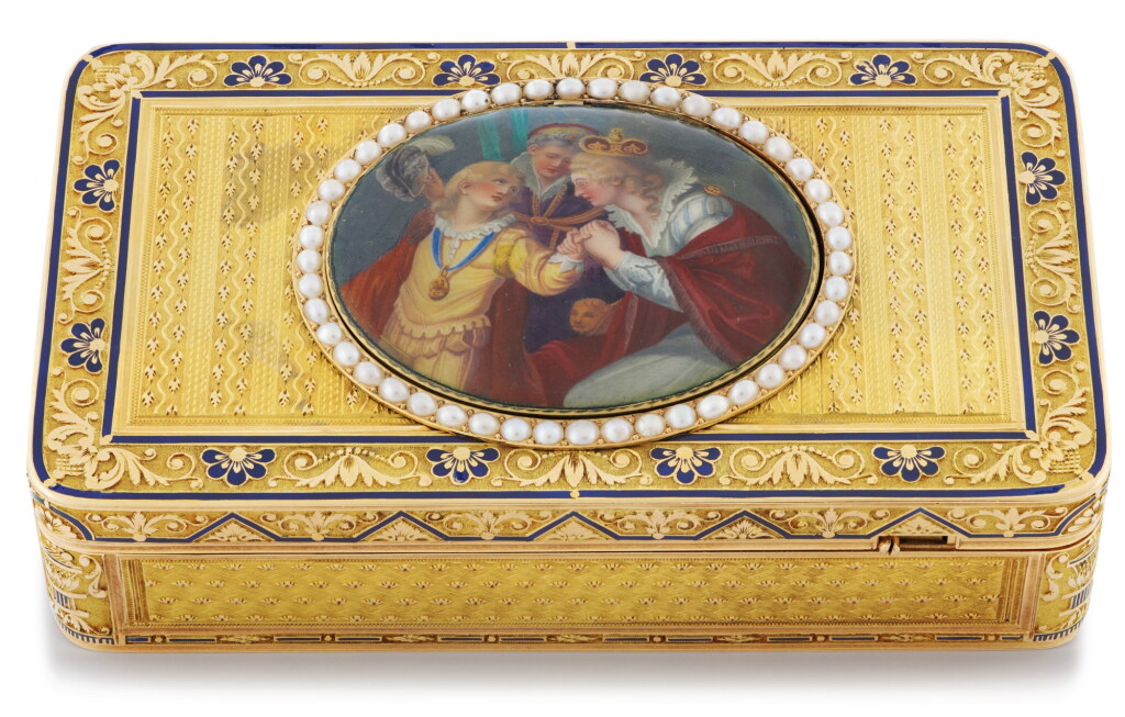 View full screen - View 1 of Lot 43. A GOLD, ENAMEL AND PEARL SINGING BIRD AND MUSICAL BOX, RÉMOND, LAMY, MERCIER & CO., GENEVA, 1815-1820.