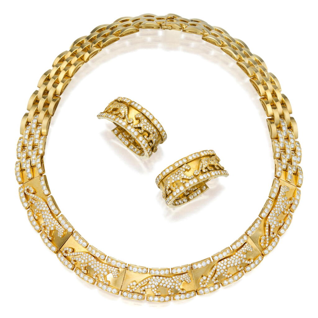 View full screen - View 1 of Lot 96. Cartier | Gold and Diamond 'Panthère' Necklace and Pair of Earclips, France.
