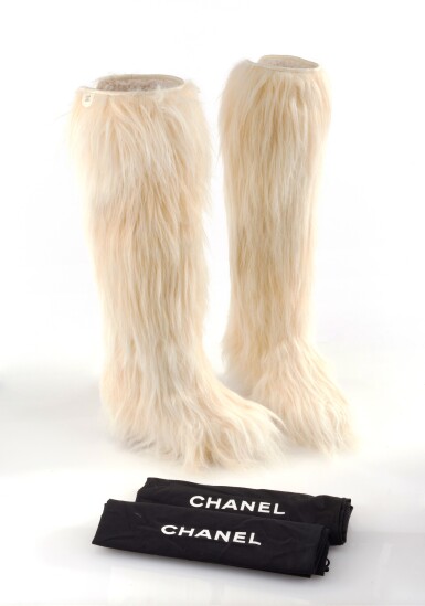 View full screen - View 1 of Lot 43. PAIR OF OFF-WHITE FAUX FUR WEDGE BOOTS, CHANEL.