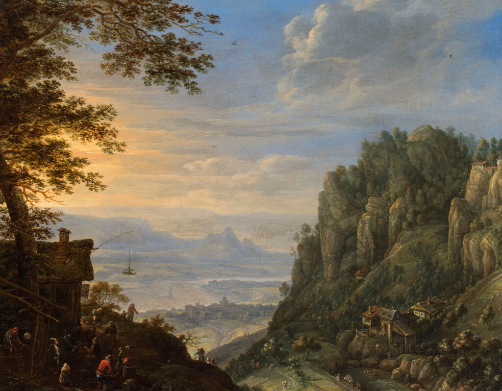 View full screen - View 1 of Lot 126. An imaginary Rhenish landscape with figures near a tavern, the town of Bingen and the Mäusenturm in the distance.