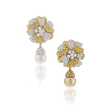 View full screen - View 1 of Lot 797. Pair of cultured pearl and diamond earrings, Van Cleef & Arpels.
