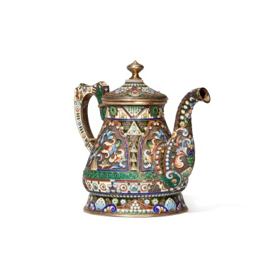 View full screen - View 1 of Lot 209. A silver-gilt and cloisonné enamel coffee pot, Grigory Sbitnev, Moscow, 1908-1917.