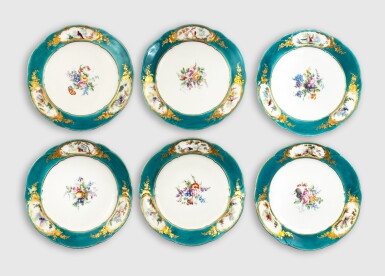 View full screen - View 1 of Lot 622. Six Sèvres Porcelain Green-Ground Plates (Assiette à palmes) from the Service for Frederik V of Denmark or Madame de Pompadour, circa 1757.