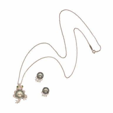 View full screen - View 1 of Lot 355. Tiffany & Co. | Pair of Cultured Pearl and Diamond Earclips and Pendant-Necklace.