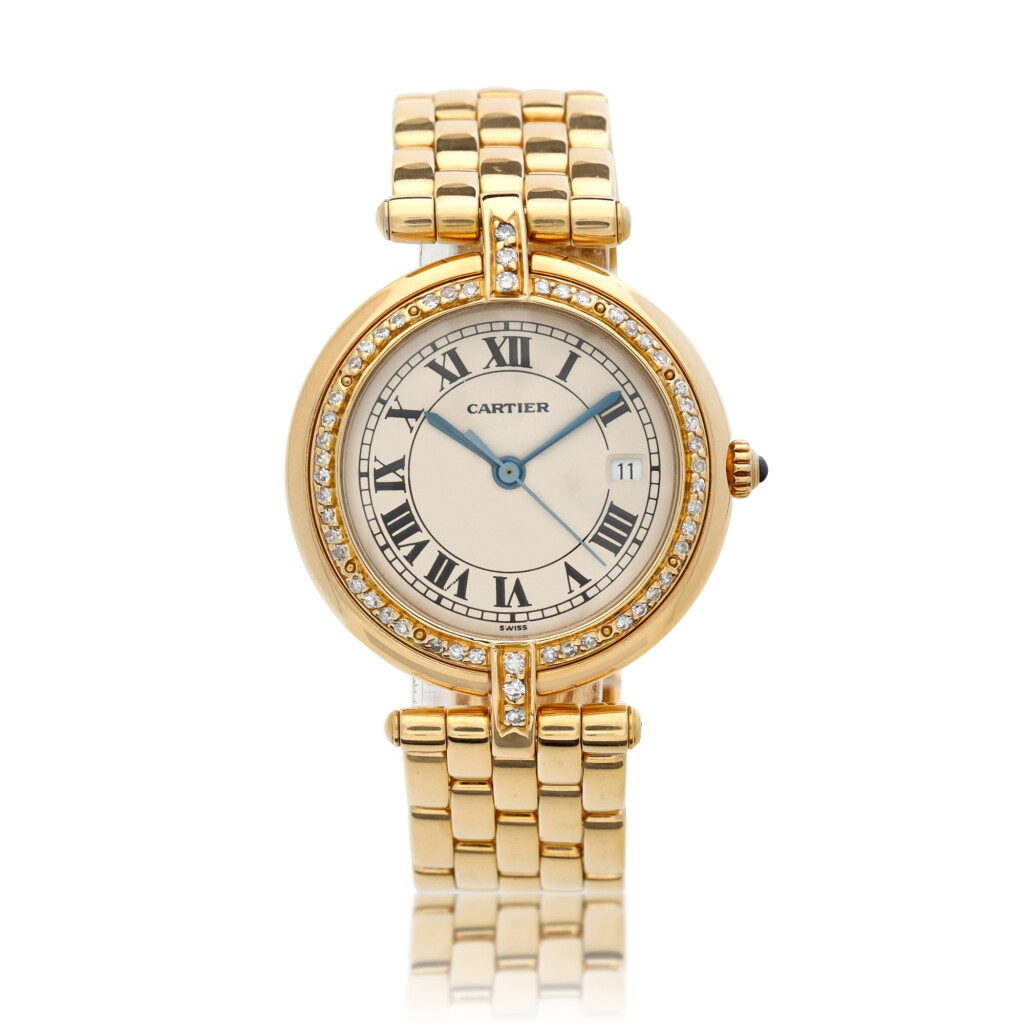 View full screen - View 1 of Lot 176. Panthere Vendome, A yellow gold and diamond-set bracelet watch with date, Circa 2000 .