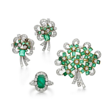 View full screen - View 1 of Lot 104. Emerald and diamond demi-parure and an emerald and diamond ring, 1950s.