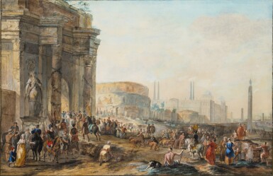 View full screen - View 1 of Lot 130. A Roman Capriccio, with many figures before an extensive landscape of monuments.