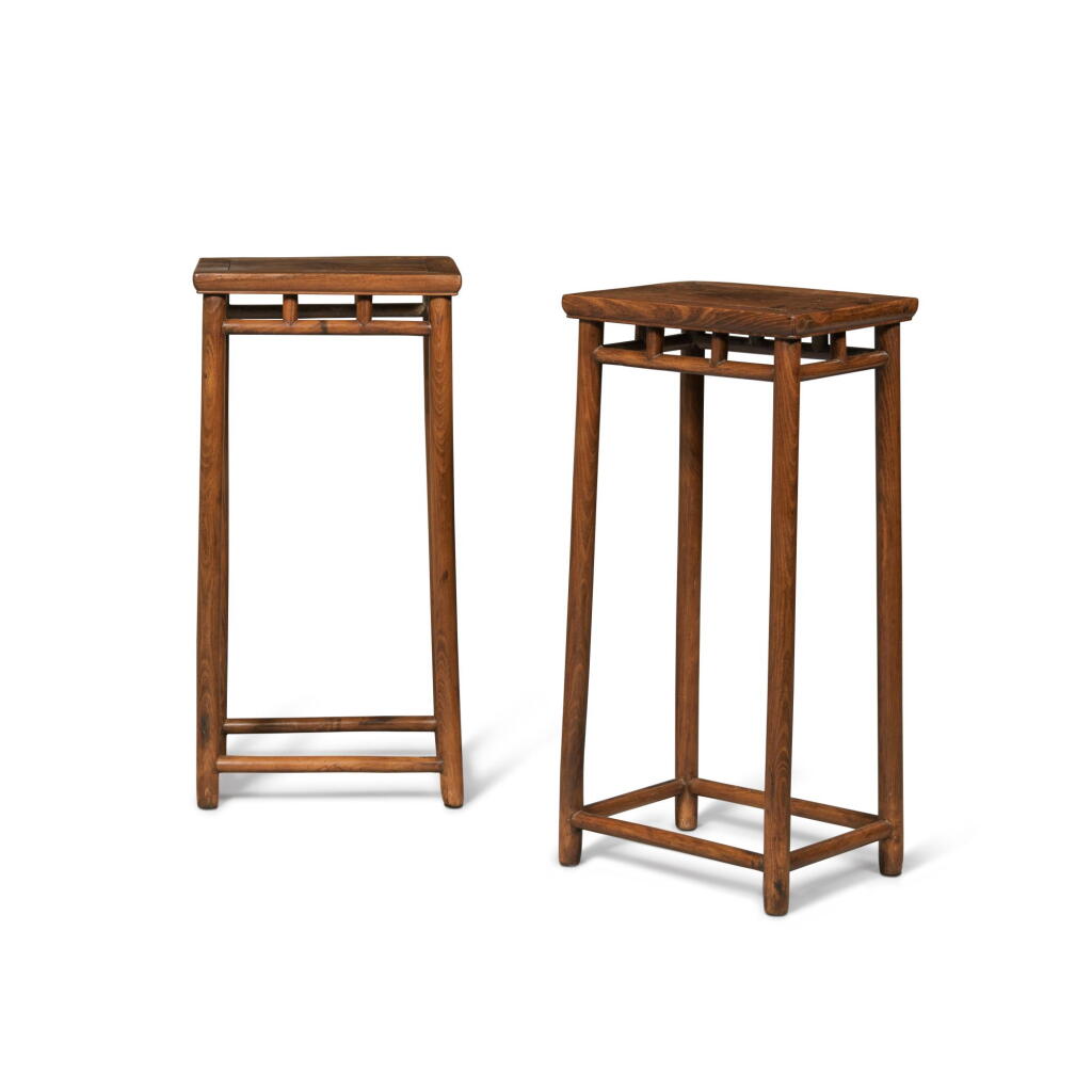 View full screen - View 1 of Lot 740. A pair of elm wood rectangular stands (Xiangji), Qing dynasty, 19th century | 清十九世紀 櫸木長方香几一對.