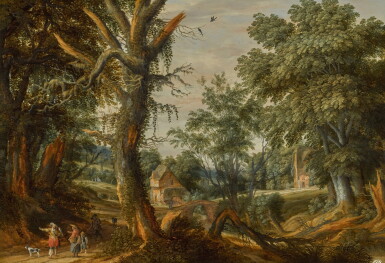 View full screen - View 1 of Lot 124. A wooded landscape with travellers and a falconer on a path by a stream.