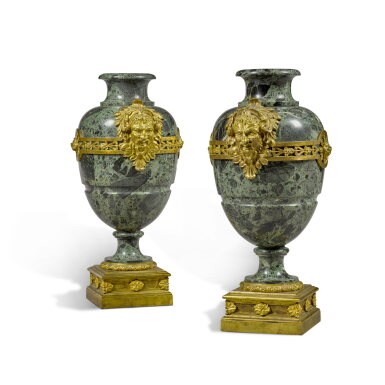 View full screen - View 1 of Lot 31. A pair of French gilt-bronze mounted verde antico vases, mid-19th century.