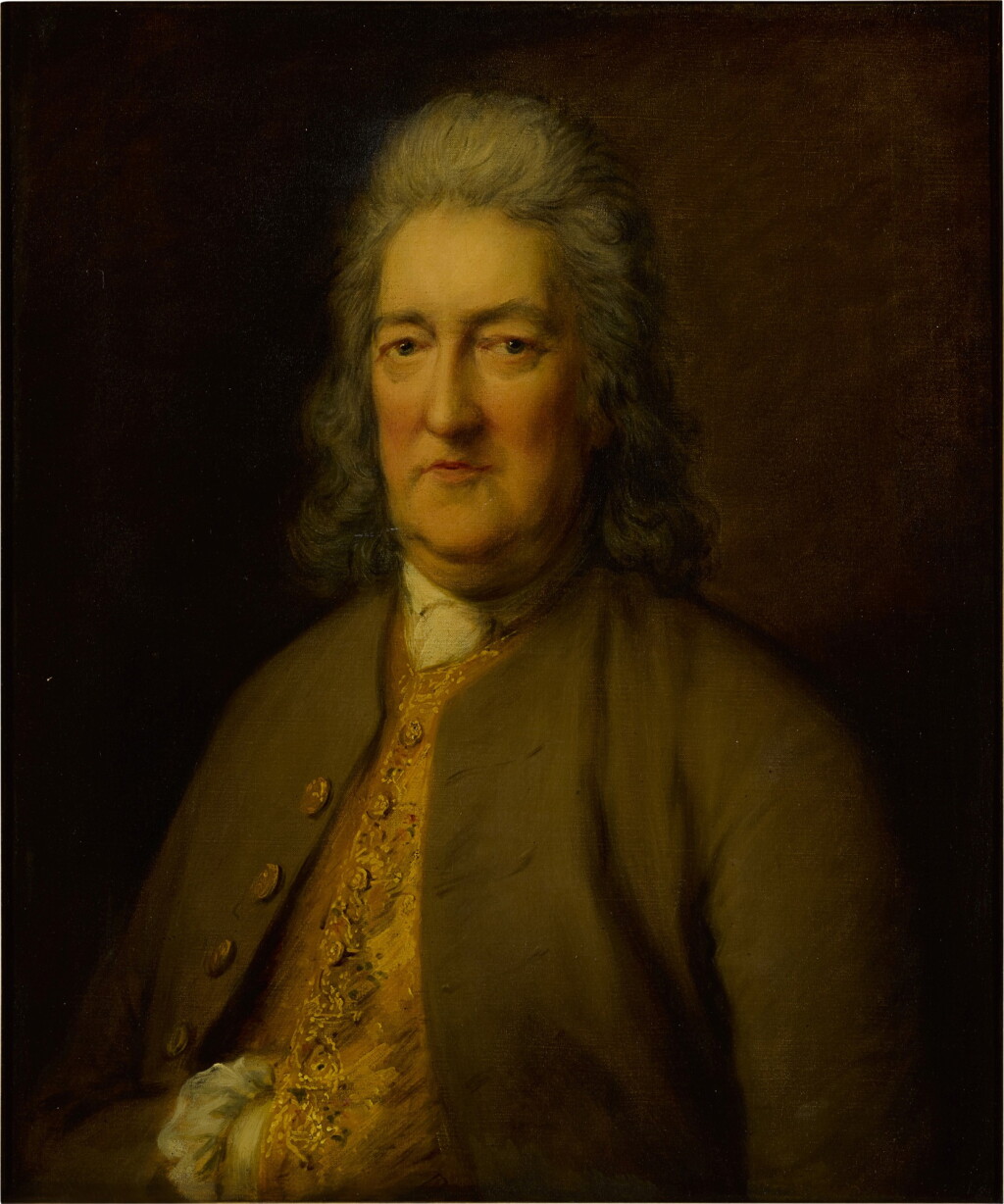 View full screen - View 1 of Lot 164. Portrait of Surgeon-General David Middleton (1703-1785), bust-length, tucking his hand into his embroidered waistcoat.