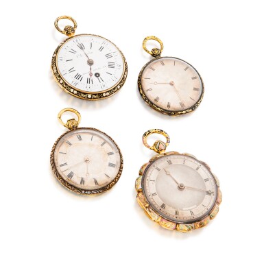 View full screen - View 1 of Lot 1099. A group of four gold and enamel watches, circa 1800.