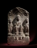 A massive inscribed stone votive stele with Buddhist triad, Northern Wei dynasty, dated yiwei year, corresponding to most likely 515 | 北魏乙未年(應爲515年) 石刻銘三尊造像碑 《歲次乙未》款