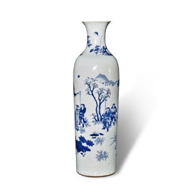 View full screen - View 1 of Lot 331. A blue and white 'figural' vase, Transitional period, circa 1640 | 過渡期 約1640年 青花人物故事圖筒瓶.