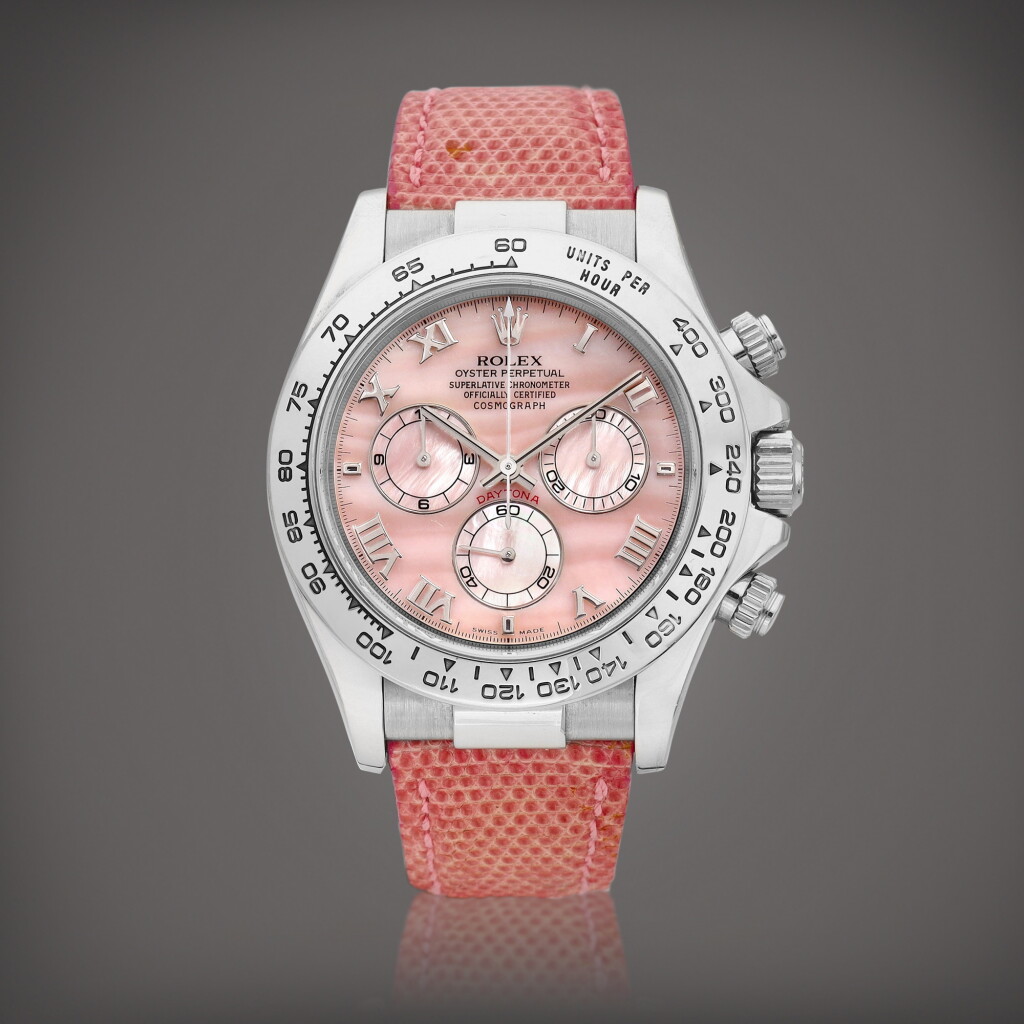 View full screen - View 1 of Lot 2128. Cosmograph Daytona "Beach", Reference 116519 A white gold chronograph wristwatch with pink mother-of-pearl dial, Circa 2000 | 勞力士 | Cosmograph Daytona "Beach" 型號116519 | 白金計時腕錶,備粉紅色珠母貝錶盤,約2000年製.