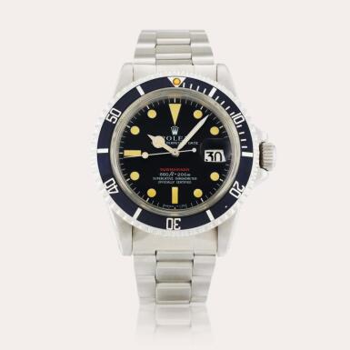 View full screen - View 1 of Lot 12. Reference 1680 ‘Red’ Submariner | A stainless steel automatic wristwatch with date and bracelet, Circa 1972.