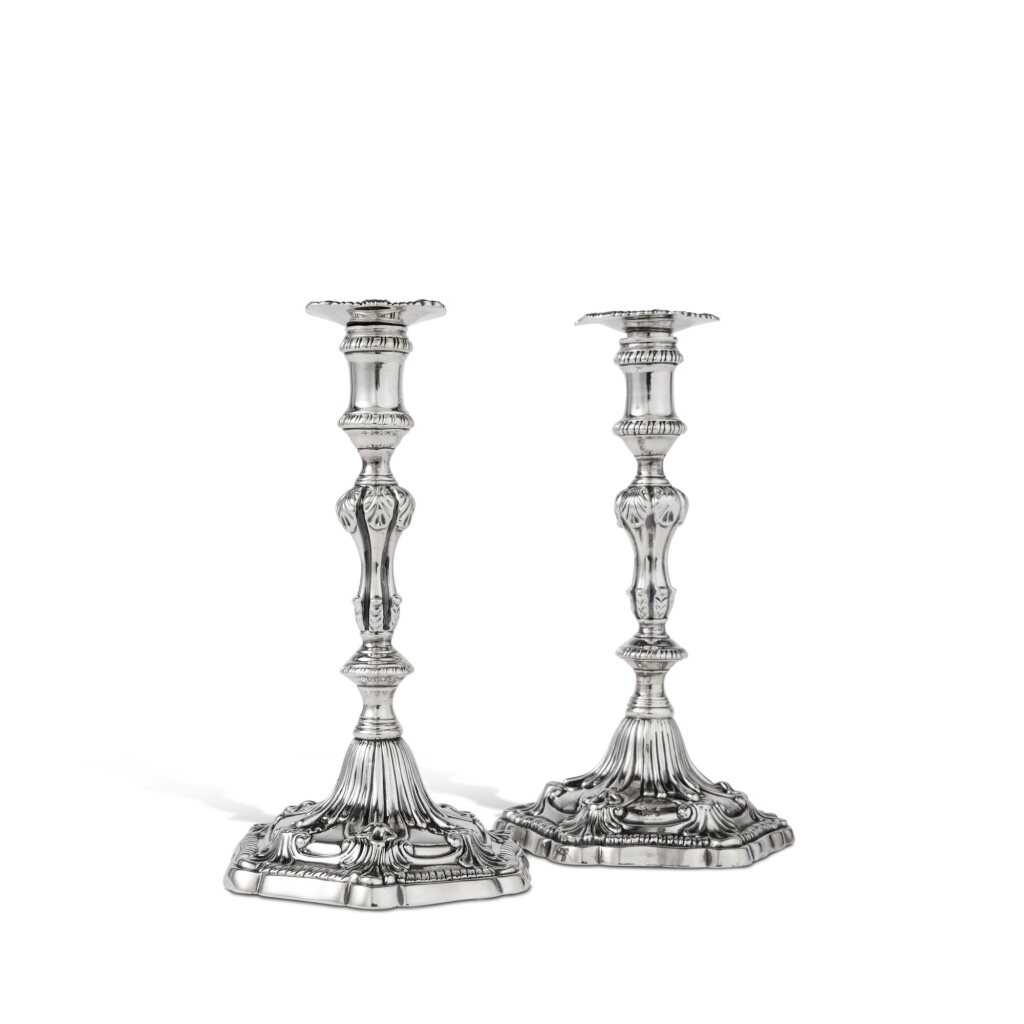 View full screen - View 1 of Lot 32. Two matching Georgian Silver Tapersticks, Ebenezer Coker and Paul Storr, London, 1767 / 1824.