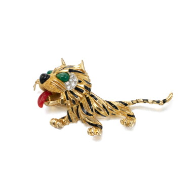 View full screen - View 1 of Lot 505. Gold, Enamel, Emerald, Diamond and Coral Brooch.