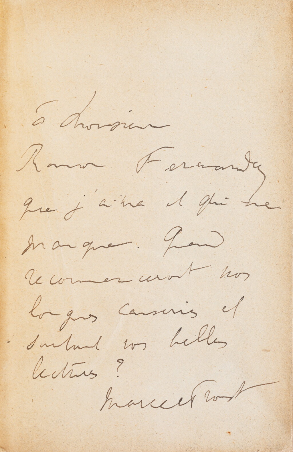 View full screen - View 1 of Lot 297. Pastiches et Mélanges. 1919. Envoi amical au jeune critique Ramon Fernandez..