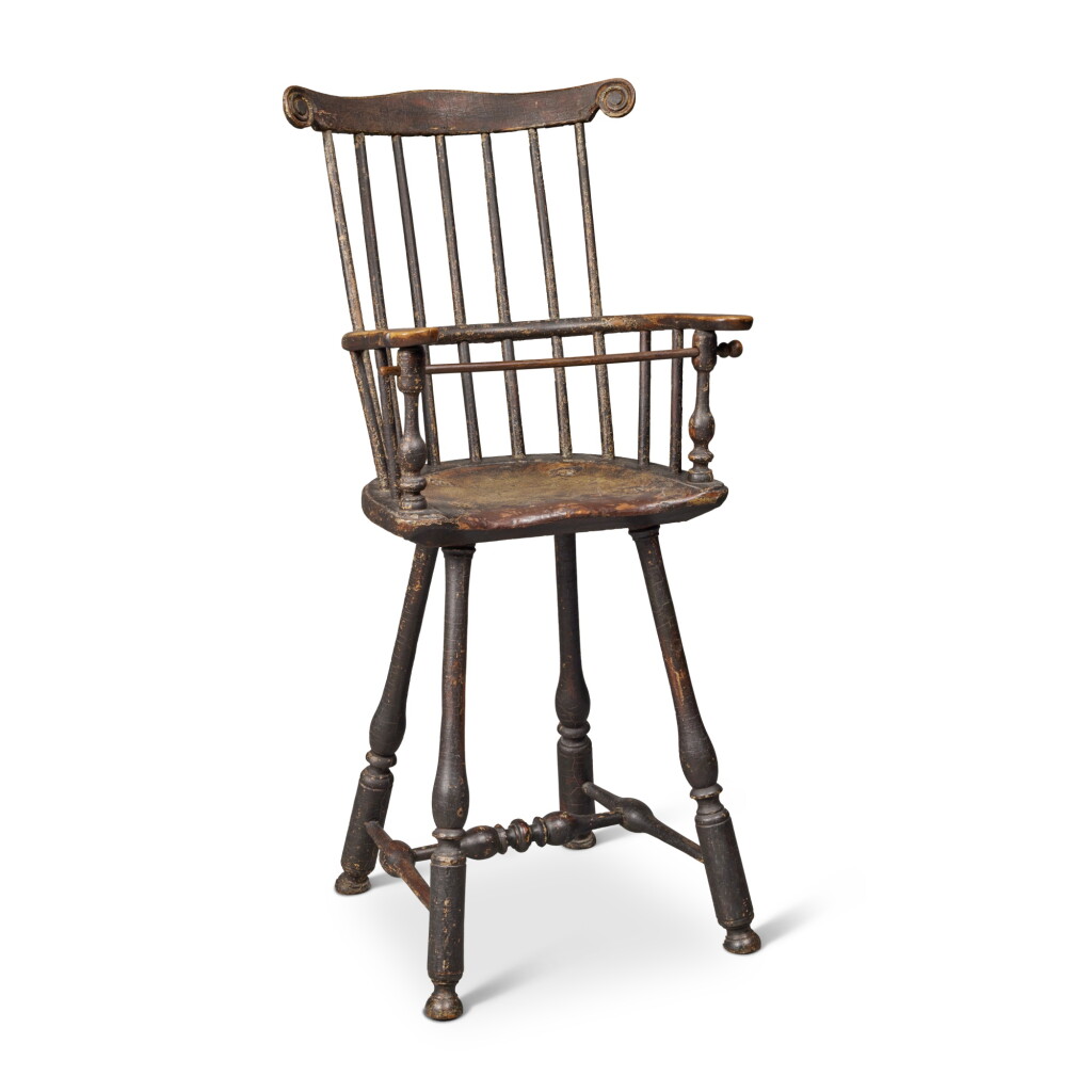 View full screen - View 1 of Lot 141. Rare Black-Painted Scroll-Carved Comb-Back Windsor High Chair, Philadelphia, Pennsylvania, Circa 1760.