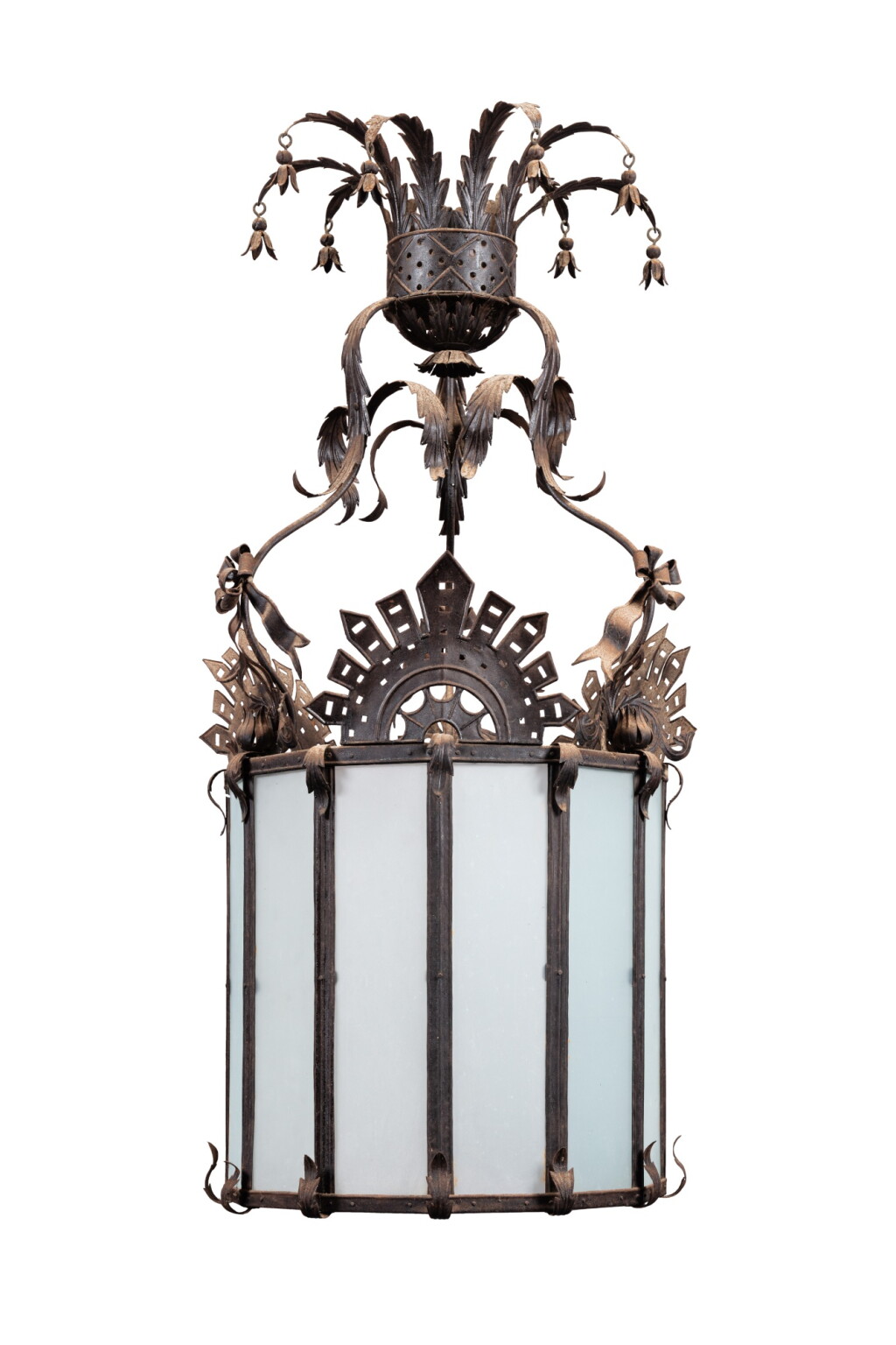 View full screen - View 1 of Lot 4. A tole and wrought iron three-light hall lantern, early 20th century | Lanterne à trois lumières en tôle et fer forgé, début XXe siècle.