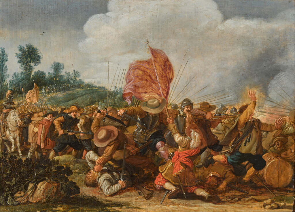 View full screen - View 1 of Lot 123. Battle scene with pikemen, musketeers and armoured cavalry in the distance.