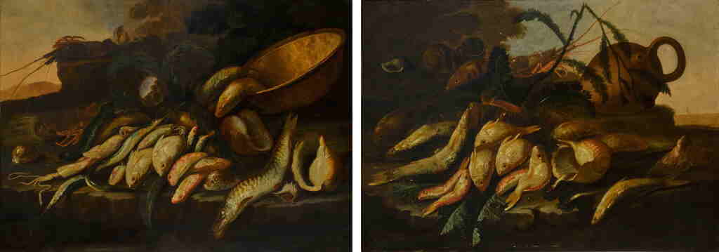 View full screen - View 1 of Lot 475. A pair of still lifes of saltwater fish, shells and crustaceans on a stone ledge.