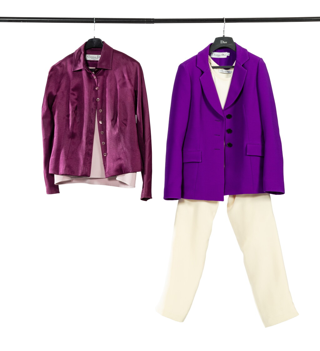 View full screen - View 1 of Lot 294. Set consisting of a jacket, blouse, pants, and top in lilac and purple silk and A Dior bag by John Galliano.
