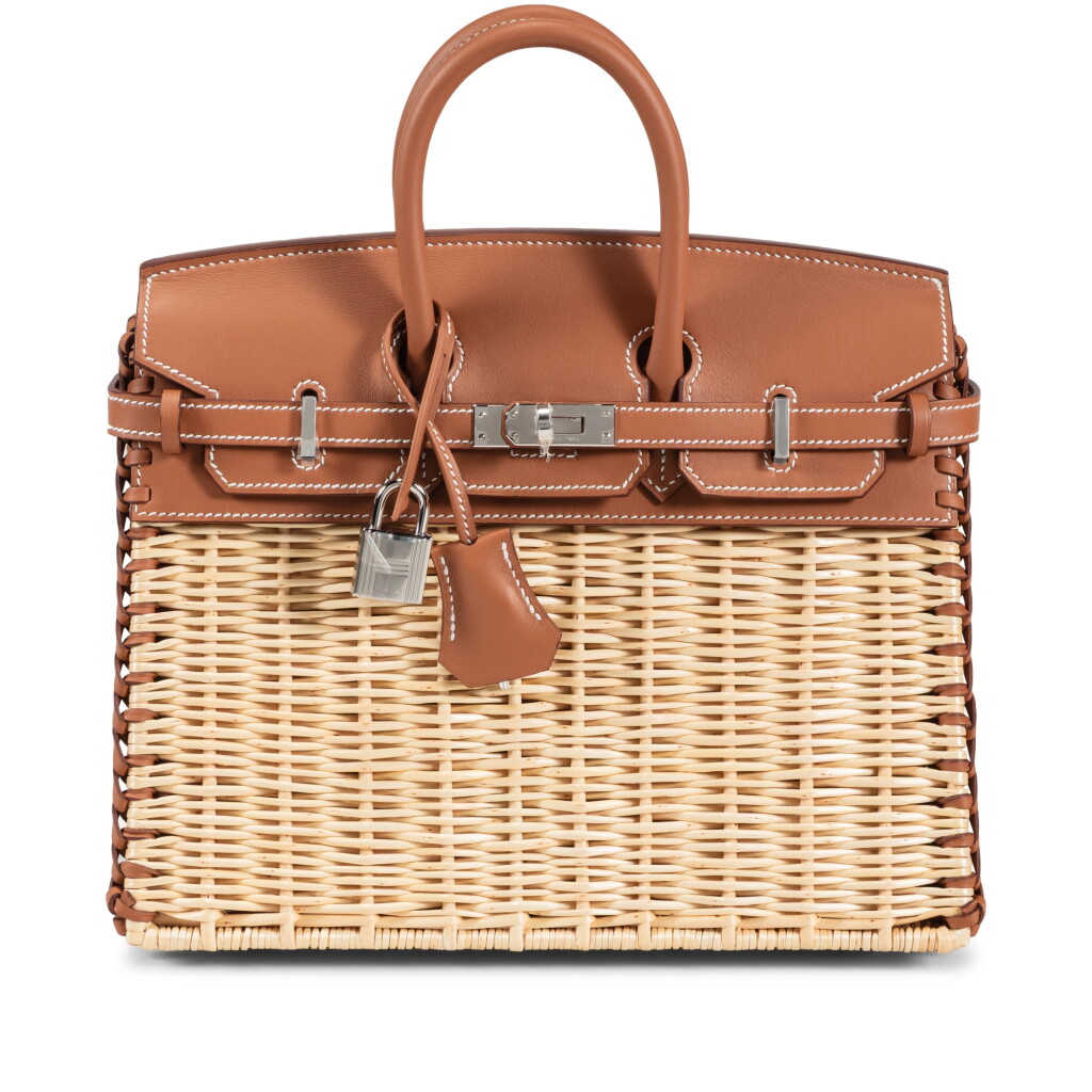 View full screen - View 1 of Lot 648. Limited Edition Gold Swift and Naturel Osier Wicker Picnic Birkin 25 Palladium Hardware, 2023.