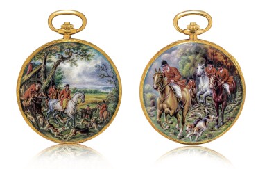 View full screen - View 1 of Lot 2186. Patek Philippe | Reference 823/003, A unique, highly important and exceptional yellow gold hunting case watch with double sided enamel miniature, painted by Madame Marthe Bischoff after a painting by Carle Vernet, retailed by Gübelin and accompanied by original Certificate of Origin, sales invoice and presentation box, Made in 1976 | 百達翡麗 | 型號823/003 獨一無二、非常重要及非凡黃金獵殼懷錶,配 Madame Marthe Bischoff 摹 Carle Vernet 油畫作品的雙面微繪琺瑯,由 Gübelin 發行,附帶原廠證書、收據及盒子,1976年製.