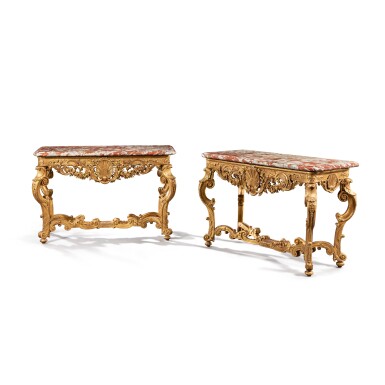 View full screen - View 1 of Lot 225. A pair of Regence style giltwood consoles | Paire de consoles en bois doré de style Régence.