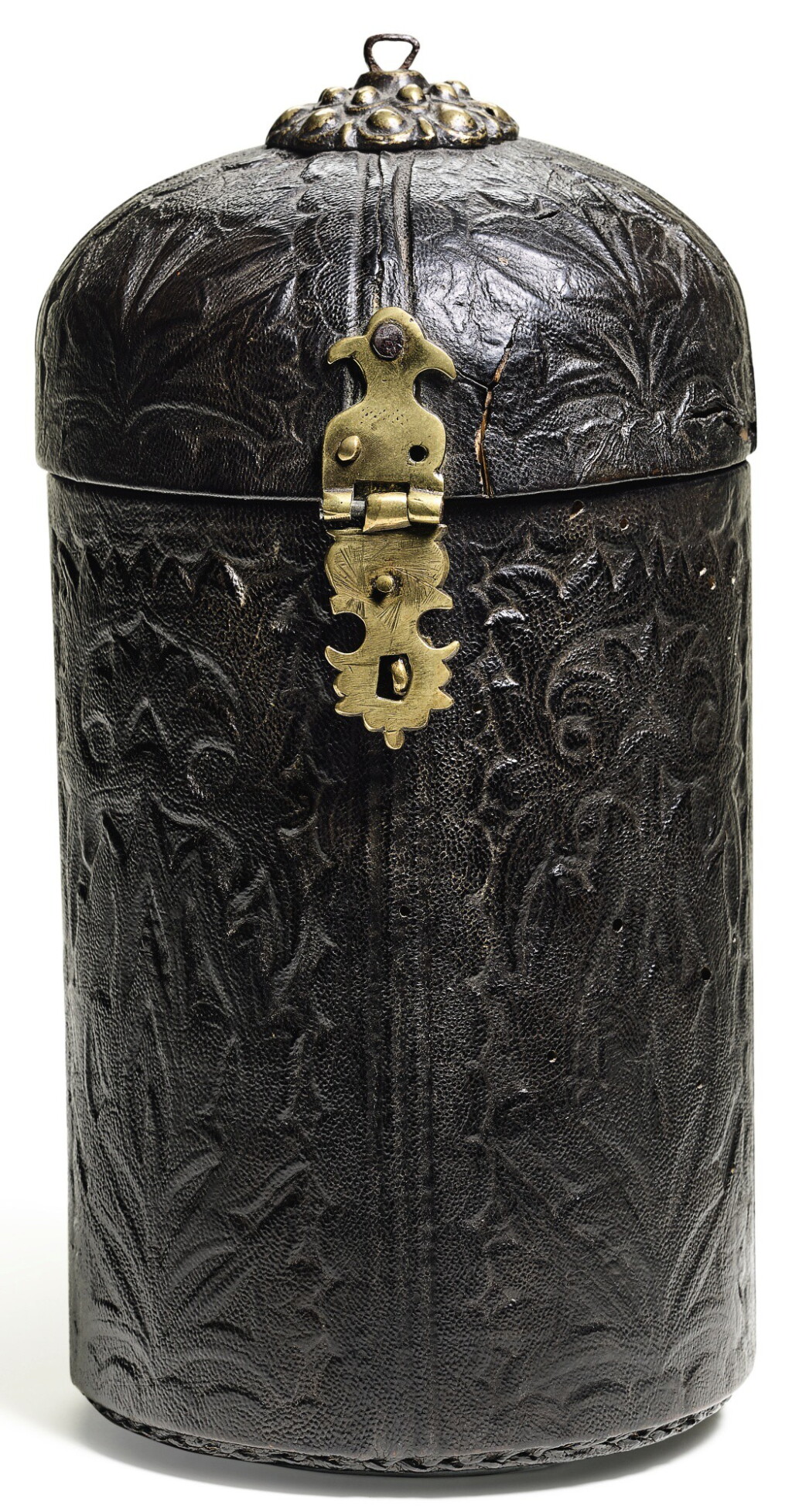 View full screen - View 1 of Lot 494. AN OTTOMAN LEATHER-COVERED DOMED CYLINDRICAL BOX, TURKEY, PROBABLY 19TH CENTURY.